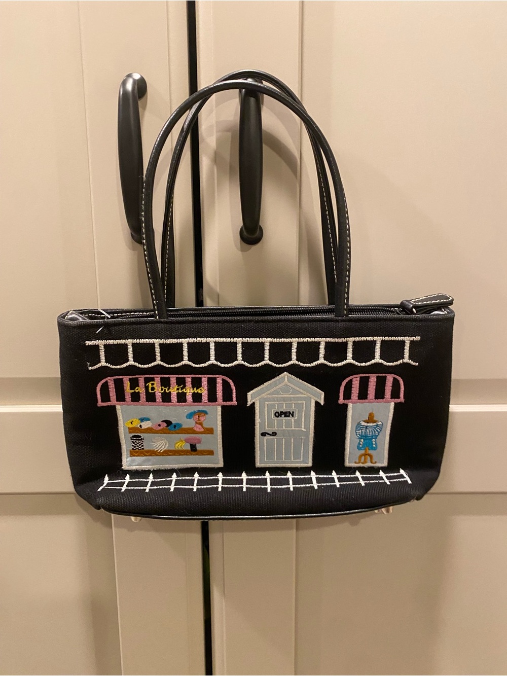 Black Embroidered Shop-Front Satchel with Pink and Light Blue Accents